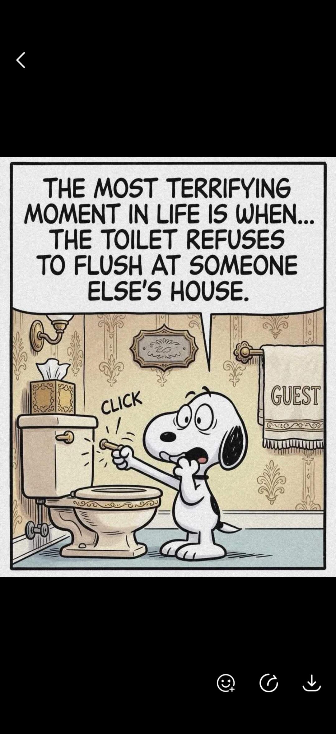 THE MOST TERRIFYING MOMENT IN LIFE IS WHEN... THE TOILET REFUSES TO FLUSH AT SOMEONE ELSE'S HOUSE. CLICK. GUEST.