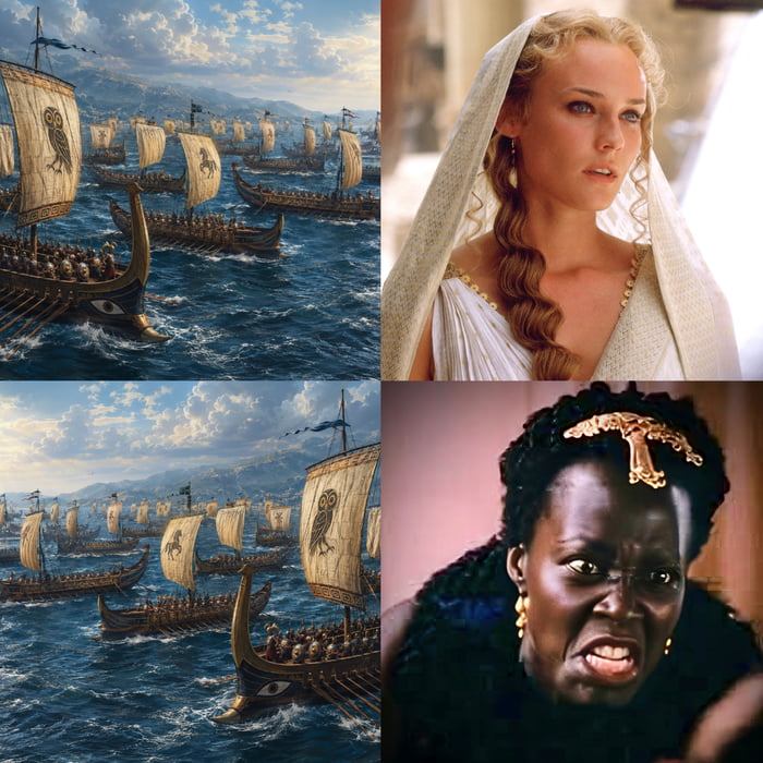 A collage of four images. The top left and bottom left show a large fleet of ancient Greek warships, possibly triremes, sailing on a blue sea under a cloudy sky. The top right features a woman with blonde, curly hair, wearing ancient Greek attire and a veil, looking with a pensive or sad expression. The bottom right shows a woman with dark skin and