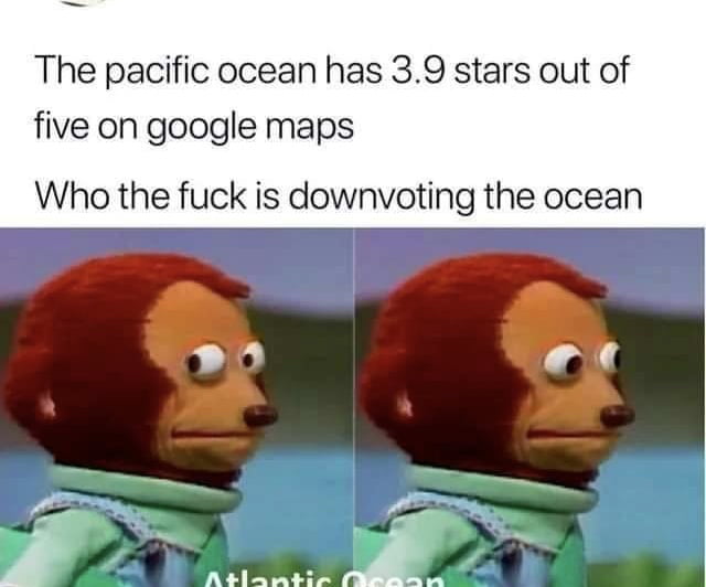 The pacific ocean has 39 stars out of five on google maps Who the fuck is downvoting the ocean