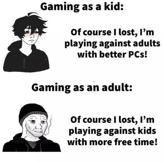 Gaming as a kid Of course lost Im playing against adults with better PCs Gaming as an adult Of course I lost Im playing against kids with more free time