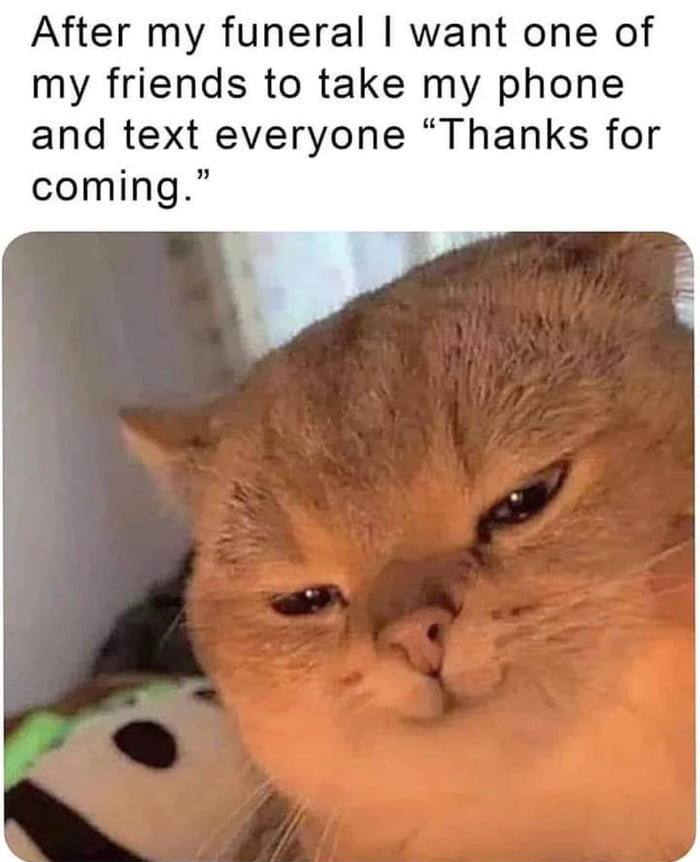 After my funeral I want one of my friends to take my phone and text everyone 