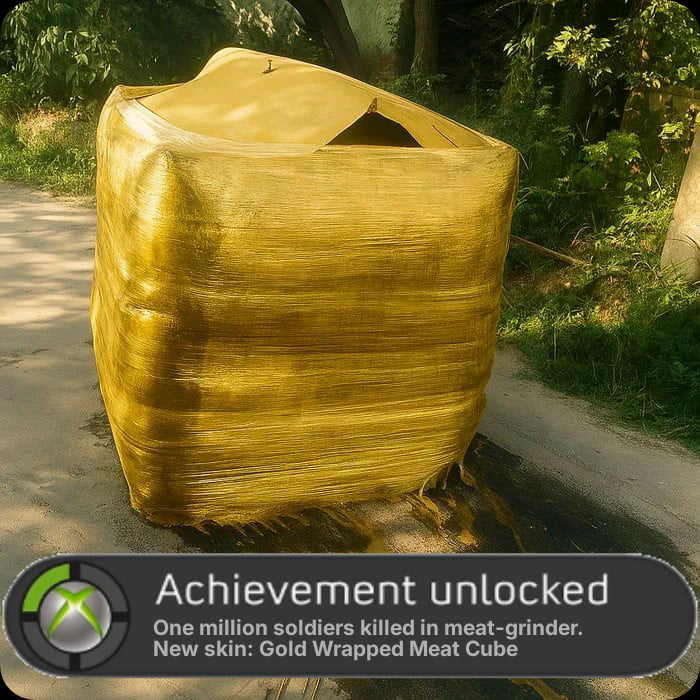 Achievement unlocked. One million soldiers killed in meat-grinder. New skin: Gold Wrapped Meat Cube