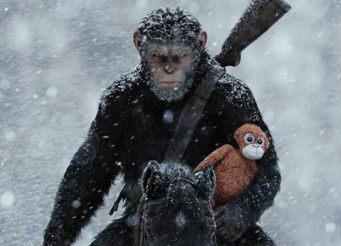A chimpanzee riding a horse in a snowy landscape, with a plush monkey toy strapped to its side.