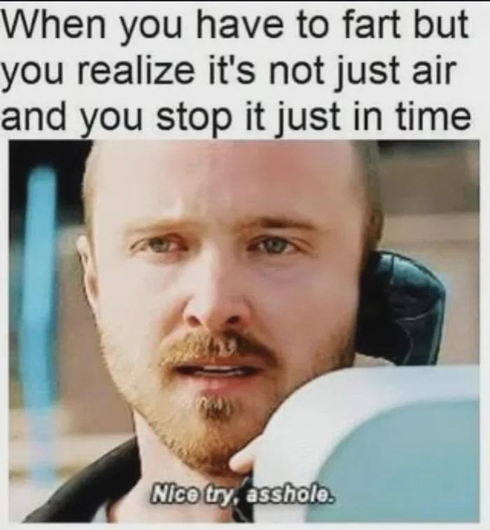 When you have to fart but you realize it's not just air and you stop it just in time
Nice try, asshole.