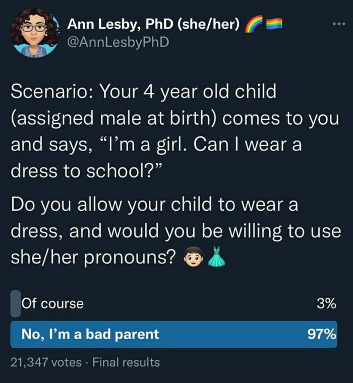 i Ann Lesby PhD sheher AnnLesbyPhD STeSTaF Tg o B o 1V 2 BVFTao o el glile EES 0l AN EI Tl o dd o Kelelapl R o R olV and says Im a girl Can wear a dress to school DIoRVoIVIF 11o1AY eI el a1l 0 R e R T 14 o EISTSATaTe RVYoTU o IYeTVI o TSR 1 Tg Vo toMVEY sheher pronouns 4 Of course 3 PARCY YAV Rl ST E RN