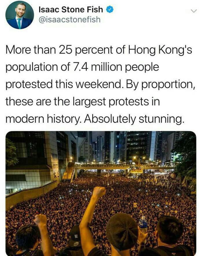 Isaac Stone Fish isaacstonefish More than 25 percent of Hong Kongs population of 74 million people protested this weekend By proportion these are the largest protests in modern history Absolutely stunning