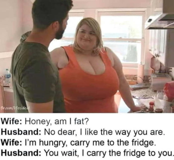 Wife Honey am fat Husband No dear like the way you are Wife Im hungry carry me to the fridge Husband You wait carry the fridge to you