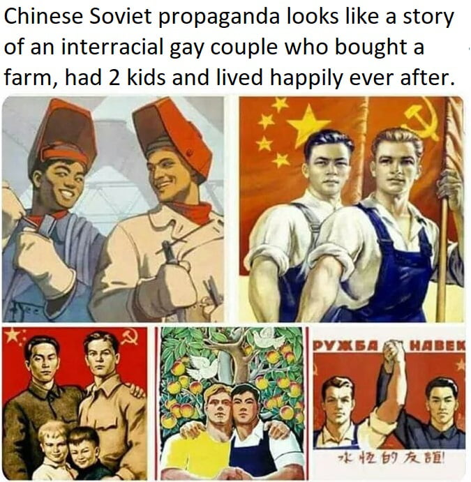 Chinese Soviet propaganda looks like a story of an interracial gay couple who bought a farm had 2 kids and lived happily ever after