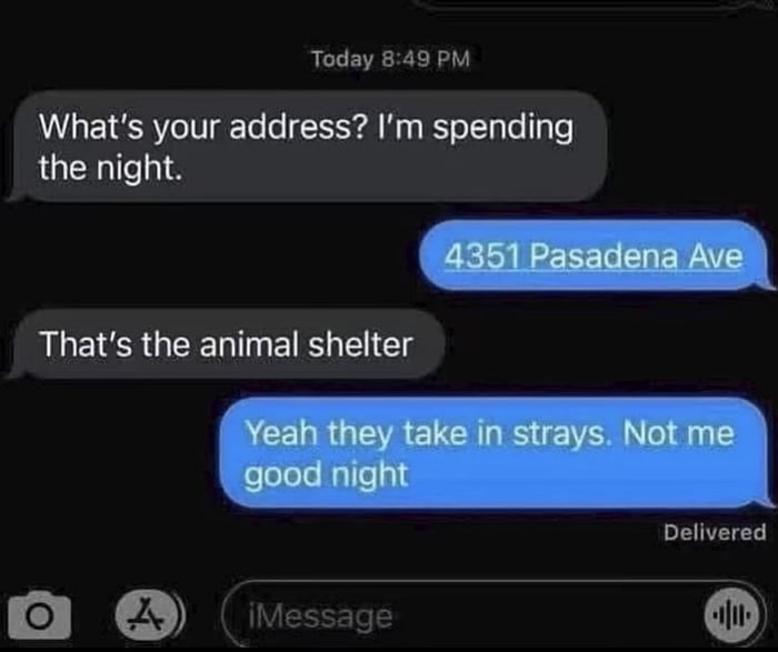 Today 849 PM Whats your address Im spending the night Thats the animal shelter Delivered