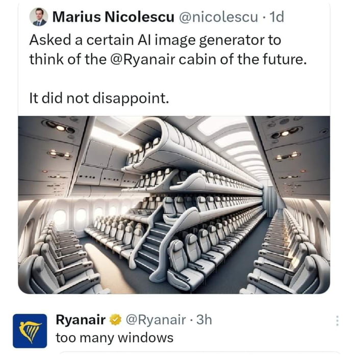 3 Marius Nicolescu nicolescu 1d Asked a certain Al image generator to think of the Ryanair cabin of the future It did not disappoint Ryanair Ryanair 3h too many windows