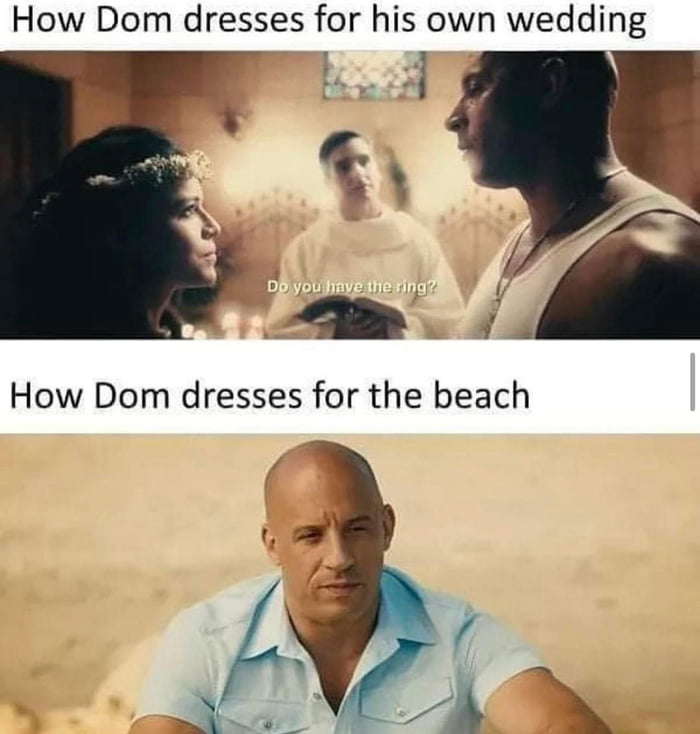 How Dom dresses for his own wedding