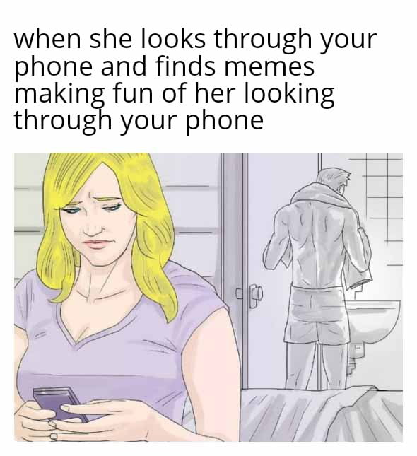 when she looks through your phone and finds memes making fun of her looking through your phone