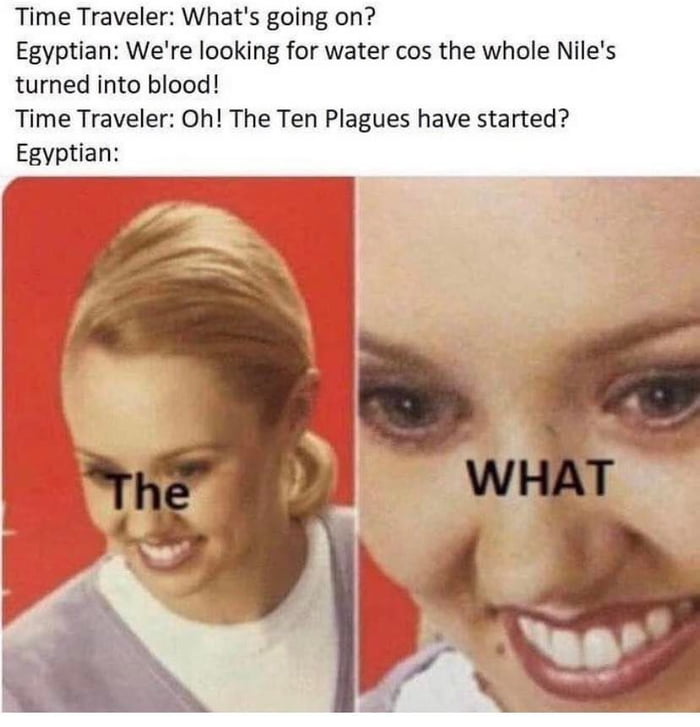 Time Traveler Whats going on Egyptian Were looking for water cos the whole Niles turned into blood Time Traveler Oh The Ten Plagues have started Egyptian