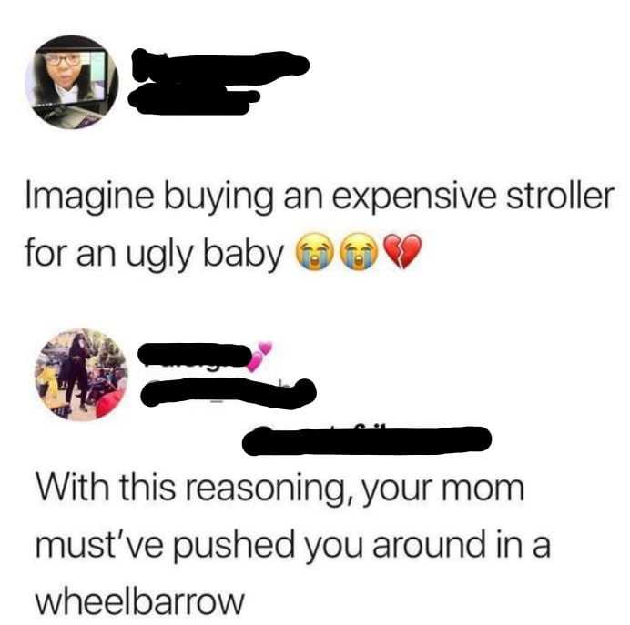 vl g Imagine buying an expensive stroller for an ugly baby r anmnhi With this reasoning your mom mustve pushed you around in a wheelbarrow