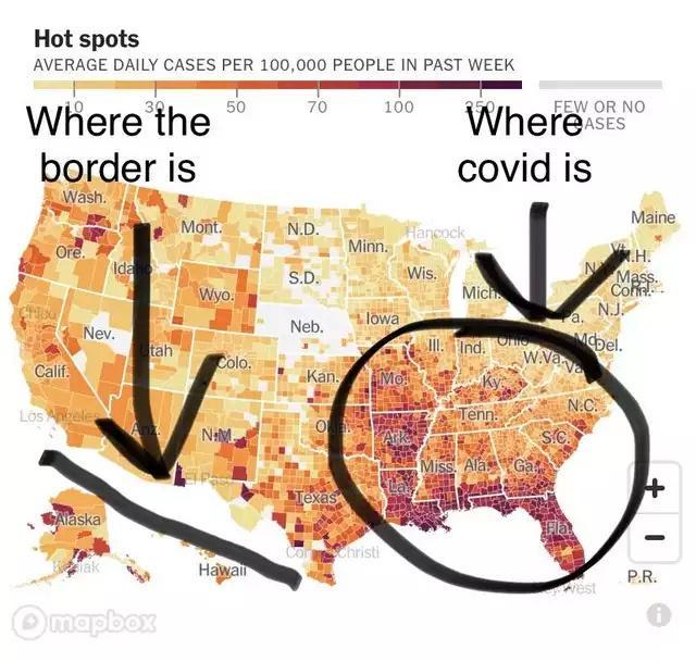 Hot spots AVERAGE DAILY CASES PER 100000 PEOPLE IN PAST WEEK e Wherethe Wherex border is covid is Rueny