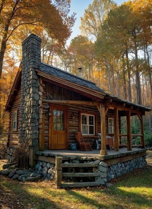 A rustic log cabin in a forest setting with a stone chimney, wooden porch, and autumn foliage surrounding it.