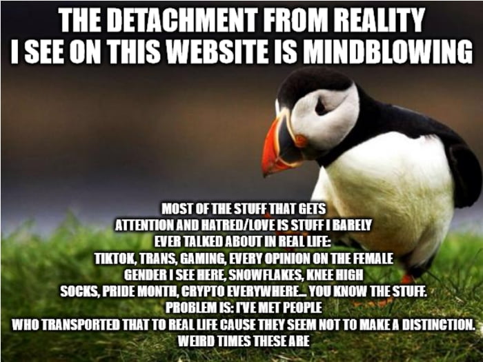 THE DETACHMENT FROM REALITY SEE ON THIS WEBSITE IS MINDBLOWING nA nw ha ATTENTION AND RATREDLOVEIS STUFF BARELY EVER TALKED ABOUT IN REAL LIFE TINTON TRANS GAMING EVERY OPINION ON THE FEMALE GENDER SEE MERE SNOWFLAKES KNEE HIGH SOCKS PRIDE MONTH CRYPTO EVERYWHERE YOU KNOW THE STUFF PROBLEM IS IVE MET PEOPLE WHO TRANSPORTER THAT TO REAL LIFE CAUSE THEY SEEM NOT T0 MAKE A DISTINCTION WEIRD TIMES THE