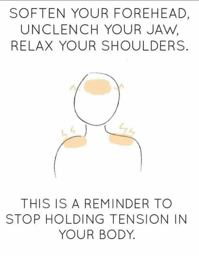 SOFTEN YOUR FOREHEAD UNCLENCH YOUR JAW RELAX YOUR SHOULDERS wh THIS IS A REMINDER TO STOP HOLDING TENSION IN YOUR BODY