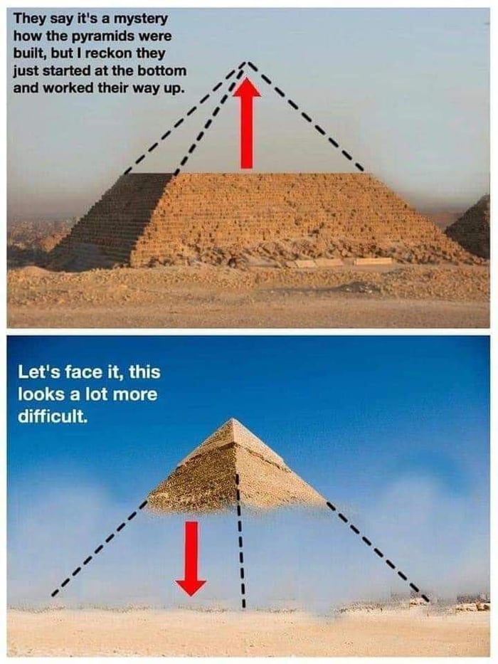 They say its a mystery how the pyramids were built but reckon they just started at the bottom 28N and worked their way up e 4 N Lets face it this looks a lot more difficult