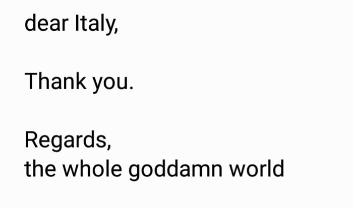 dear Italy Thank you Regards the whole goddamn world