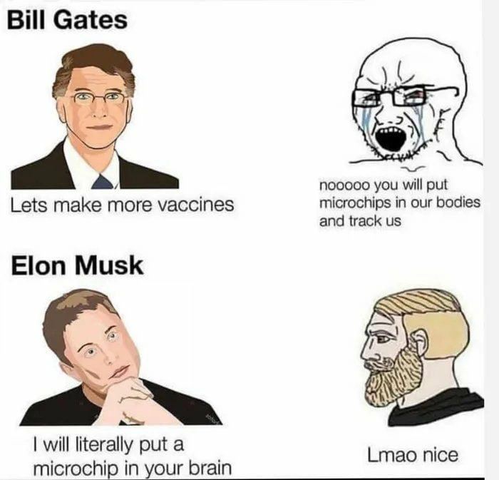 Bill Gates nooooo you will put Lets make more vaccines microchips in our bodies and track us Elon Musk will literally put a microchip in your brain Lmao nice