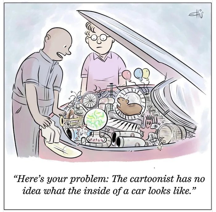 Here's your problem: The cartoonist has no idea what the inside of a car looks like.
