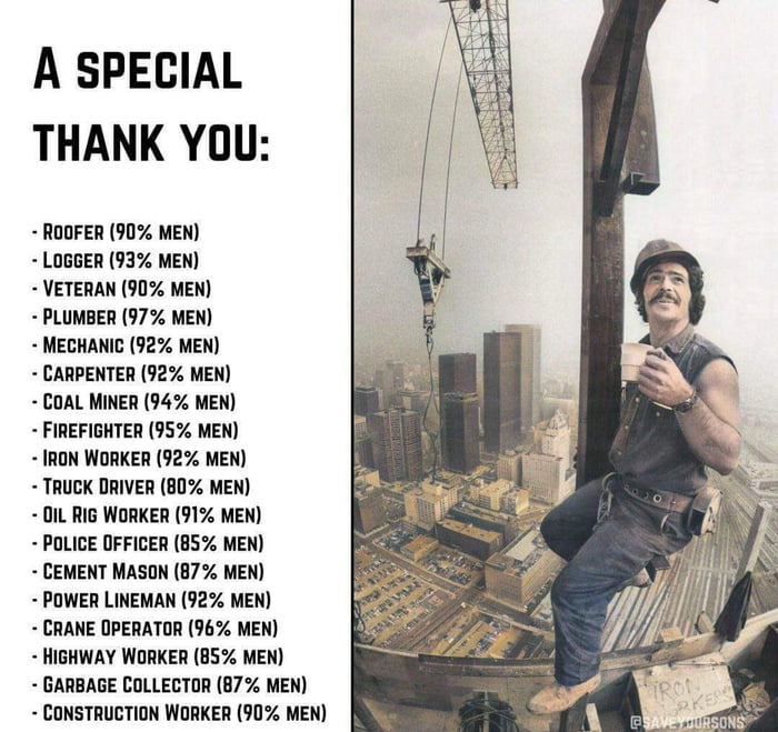 A SPECIAL THANK YOU ROOFER 90 MEN LOGBER 935 MEN VETERAN 90 MEN PLUMBER 97 MEN MECHANIC 52 MEN CARPENTER 92 MEN COAL MINER 94 MEN FIREFIGHTER 95 MEN IRON WORKER 925 MEN TRUCK DRIVER 80 MEN DL RIG WORKER 915 MEN POLICE DFFICER 85 MEN CEMENT MASON 87 MEN POWER LINEMAN 92 MEN CRANE OPERATOR 963 MEN HIGHWAY WORKER 5 MEN GARBAGE COLLECTOR 87 MEN CONSTRUCTION WORKER 90 MEN