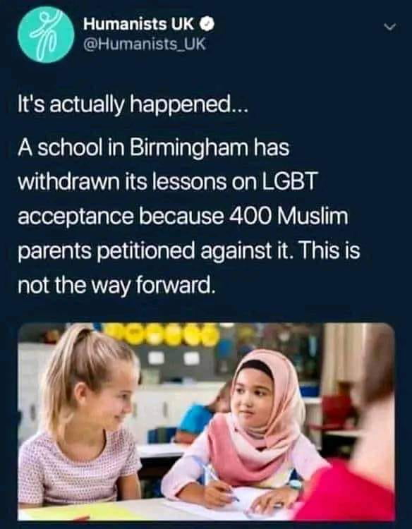 Humanists UK v CLIGERIHCHELS Its actually happened A school in Birmingham has withdrawn its lessons on LGBT acceptance because 400 Muslim parents petitioned against it This is not the way forward