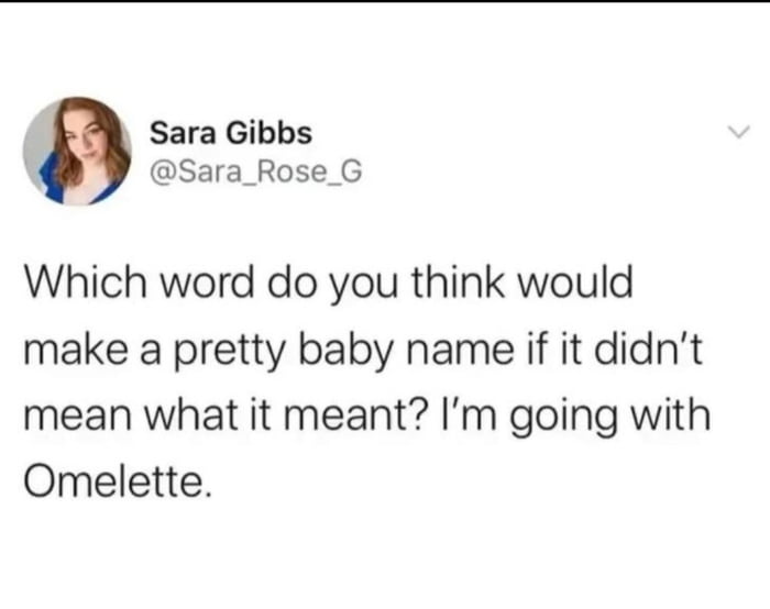 f Sara Gibbs h Sara_Rose_G Which word do you think would make a pretty baby name if it didnt mean what it meant Im going with Omelette