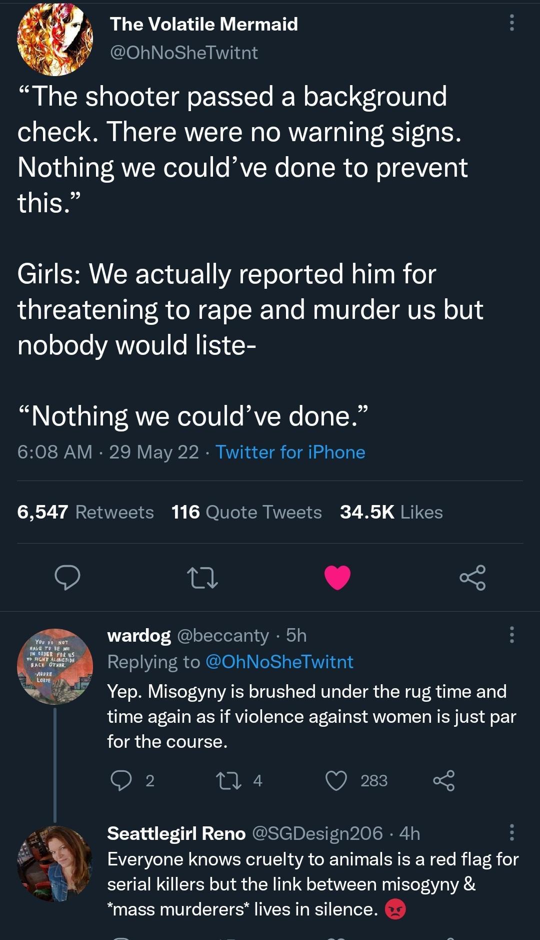 R L RV E I CRY T OhNoSheTwitnt Bl N aTRS ol To T o XS To W o FoYod l o oo check There were no warning signs Nothing we couldve done to prevent this CTIg ISR T VEY VA T o ToT g To ol g W o ICENClalla TR oW E TolI TaTo Mo g N o TQVER o101 aleloTeleYAW e IV MY B Nothing we couldve done 608 AM 29 May 22 Twitter for iPhone 6547 Retweets 116 Quote Tweets 345K Likes i v o ETe o HlelTelorTalaVARNS10 Reply