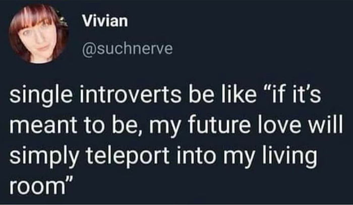 B UE Selgla1a7 single introverts be like if its meant to be my future love will simply teleport into my living room