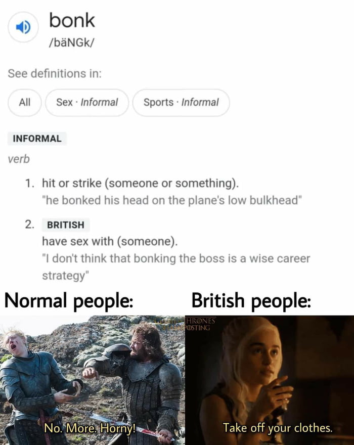 bonk baNGk e definitions in All Sex Informal Sports Informal INFORMAL verb 1 hit or strike someone or something he bonked his head on the planes low bulkhead 2 BRITISH have sex with someone dont think that bonking the boss is a wise career strategy Normal people g British people LELCE Y a1
