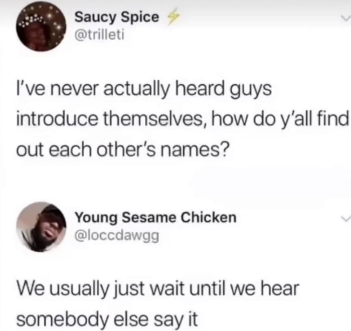 Saucy Spice trilleti Ive never actually heard guys introduce themselves how do yall find out each others names Young Sesame Chicken loccdawgg We usually just wait until we hear somebody else say it