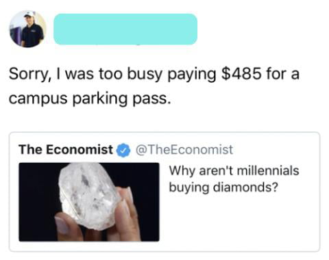 Sorry was too busy paying 485 for a campus parking pass The Economist TheEconomist Why arent millennials buying diamonds