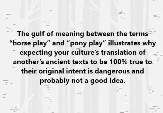 The gulf of meaning between the terms horse play and pony play illustrates why expecting your cultures translation of anothers ancient texts to be 100 true to their original intent is dangerous and probably not a good idea