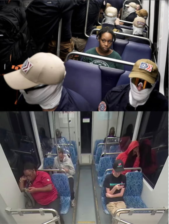 People on public transport. In the top image, some individuals have their faces covered with white cloth, wearing hats and sunglasses, creating an unusual appearance. One woman looks directly at the camera. The bottom image shows other passengers dressed normally, some using their phones.