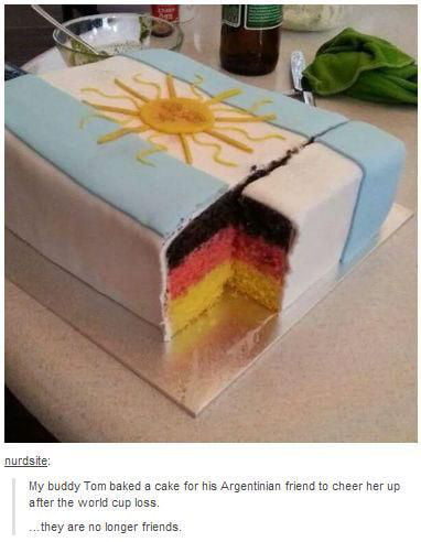 My buddy Tom baked a cake for his Argentinian friend to cheer her up after the world cup loss. ...they are no longer friends.