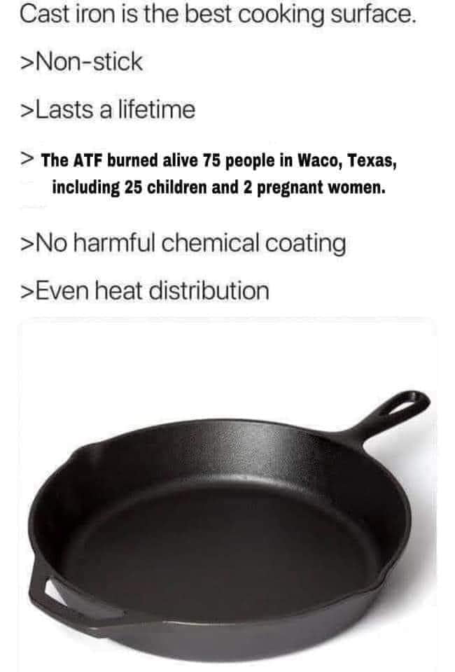 Cast iron is the best cooking surface Non stick Lasts alifetime The ATF burned alive 75 people in Waco Texas including 25 children and 2 pregnant women No harmful chemical coating Even heat distribution