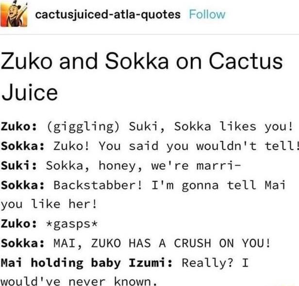 cactusjuiced atla quotes Follow Zuko and Sokka on Cactus Juice Zuko giggling Suki Sokka likes you Sokka Zuko You said you wouldnt tell Suki Sokka honey were marri Sokka Backstabber Im gonna tell Mai you like her Zuko gaspsx Sokka MAI ZUKO HAS A CRUSH ON YOU Mai holding baby Izumi Really I wouldve never known