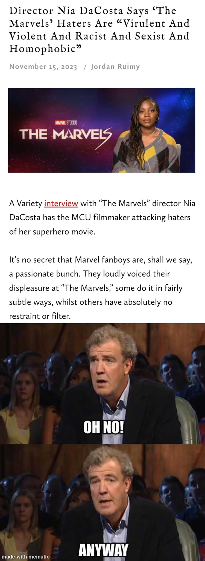 Director Nia DaCosta Says The Marvels Haters Are Virulent And Violent And Racist And Sexist And Homophobic w_STS THE MARVEP A Variety interview with The Marvels director Nia DaCosta has the MCU filmmaker attacking haters of her superhero movie Its no secret that Marvel fanboys are shall we say a passionate bunch They loudly voiced their displeasure at The Marvels some do it in fairly subtle ways w
