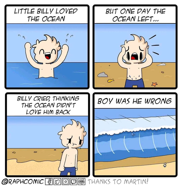 LITTLE BILLY LOVED BUT ONE DAY THE THE OCEAN OCEAN LEF BILLY CRIEC THINKING THE OCEAN DIPNT LOVE Him BACK rAPHCOMIC GDIEIT