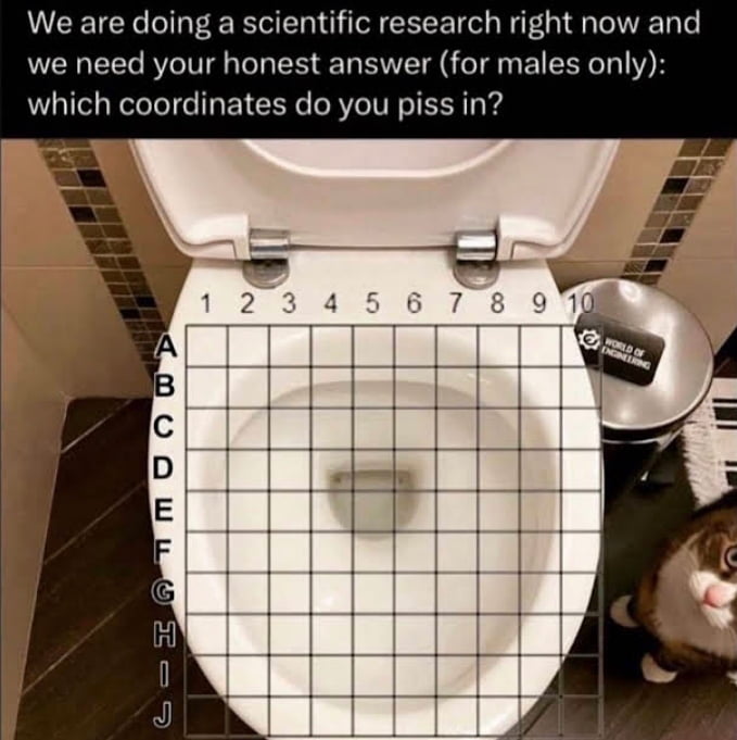 We are doing a scientific research right now and we need your honest answer for males only which coordinates do you piss in