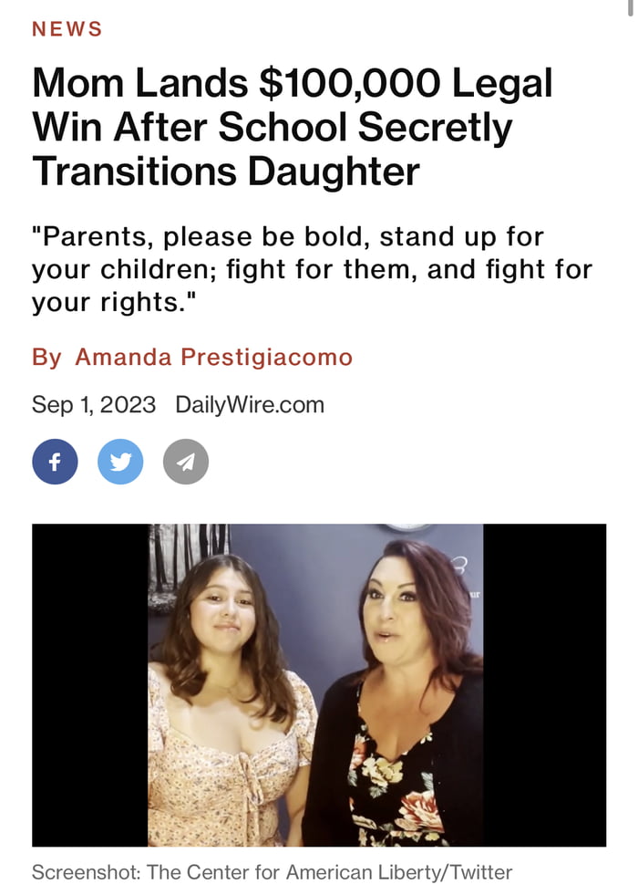 NEWS Mom Lands 100000 Legal Win After School Secretly Transitions Daughter Parents please be bold stand up for your children fight for them and fight for your rights By Amanda Presti Sep 12023 DailyWirecom 00c for Am