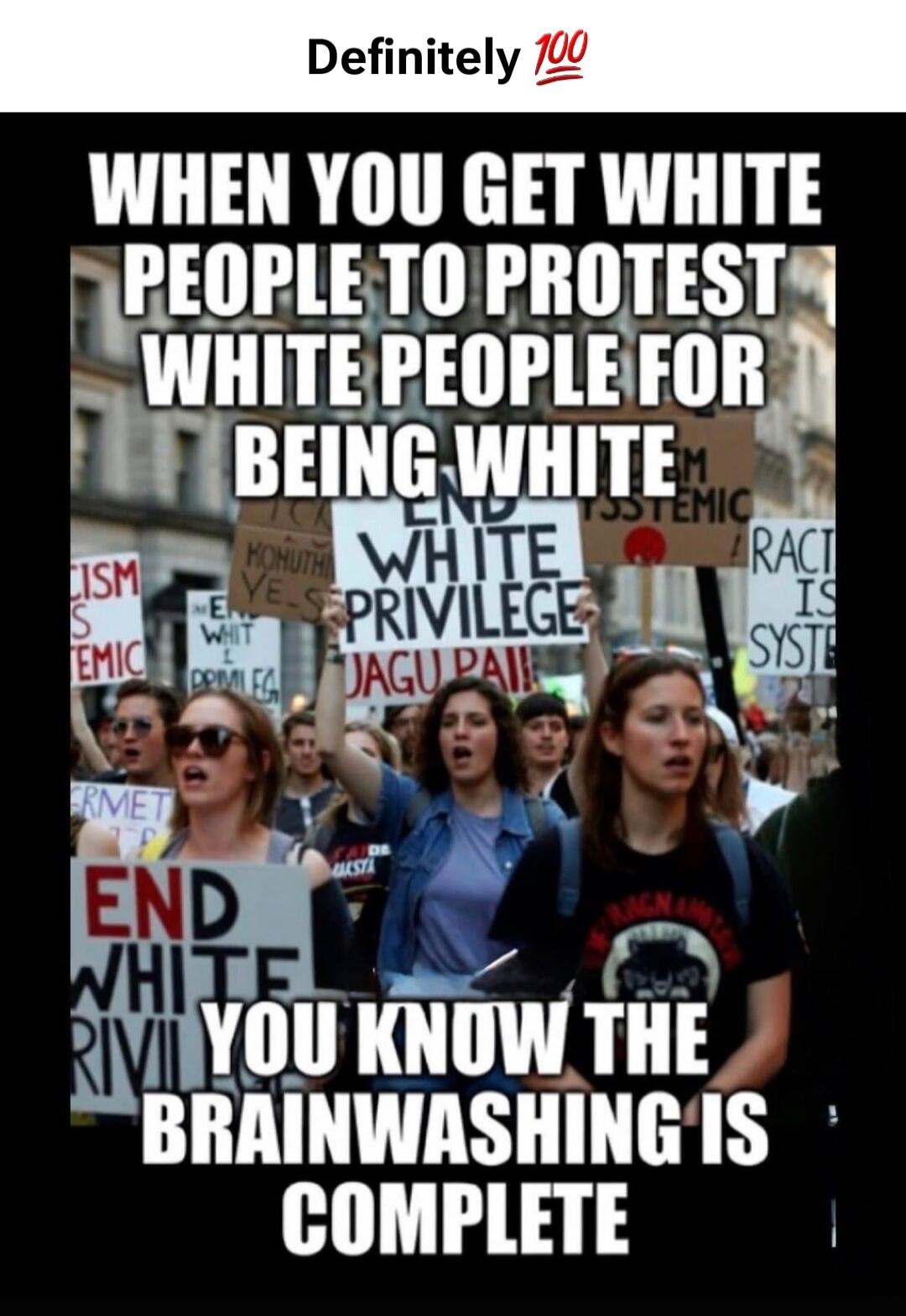 Definitely 💯 WHEN YOU GET WHITE PEOPLE TO PROTEST WHITE PEOPLE FOR BEING WHITE YOU KNOW THE BRAINWASHING IS COMPLETE. Signs in the background include 'CISM IS EMIC', 'END WHITE PRIVILEGE', 'SYSTEMIC', 'RACIST IS SYSTE'.
