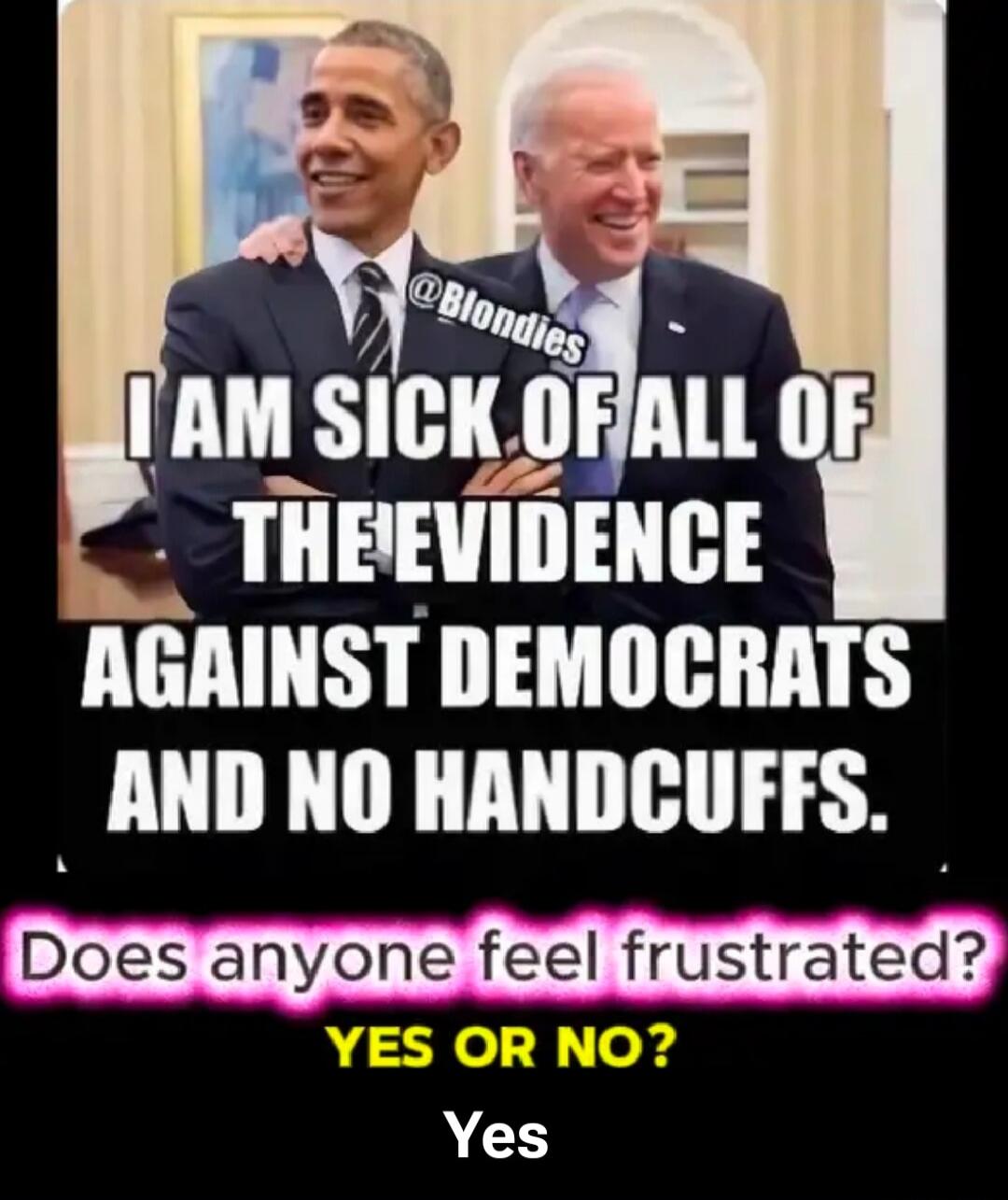 I AM SICK OF ALL OF THE EVIDENCE AGAINST DEMOCRATS AND NO HANDCUFFS. Does anyone feel frustrated? YES OR NO? Yes