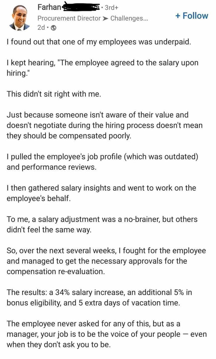 Procurement Director Challenges Follow 2d found out that one of my employees was underpaid Farhan 3rd kept hearing The employee agreed to the salary upon hiring This didnt sit right with me Just because someone isnt aware of their value and doesnt negotiate during the hiring process doesnt mean they should be compensated poorly pulled the employees job profile which was outdated and performance re