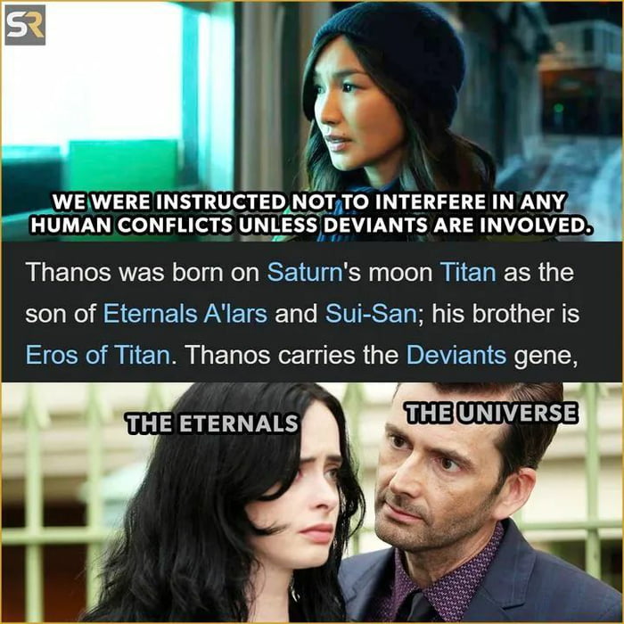 d WEWERE INSTRUC NOTATO INTERFERE IN ANY T XL A U LESS DEVIANTS ARE INYZITD Thanos was born on Saturns moon Titan as the son of Eternals Alars and Sui San his brother is Eros of Titan Thanos carries the Deviants gene THE ETERNALS Ly