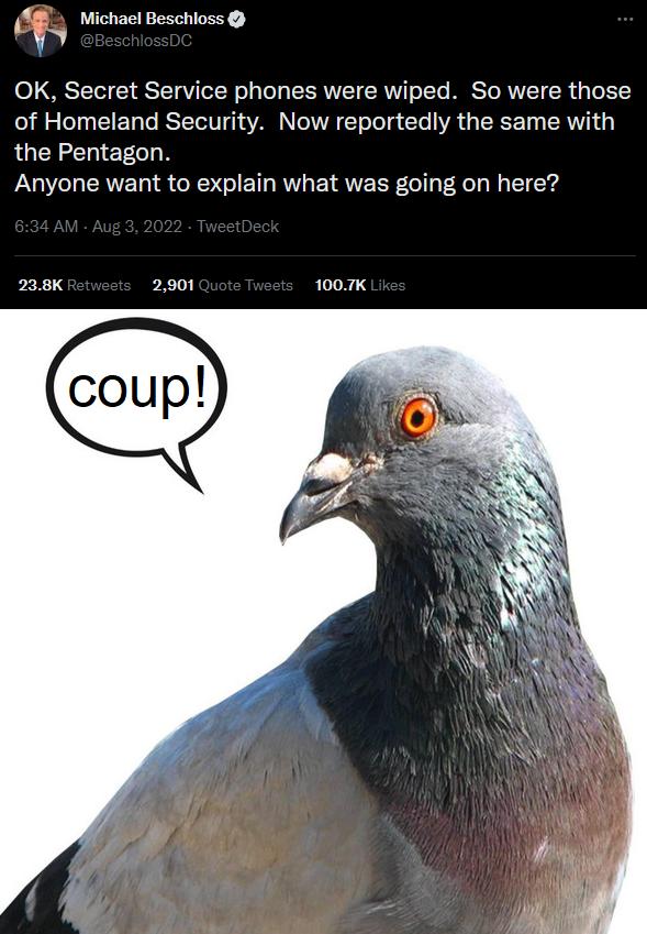 Michacl Beschloss g OK Secret Service phones were wiped So were those of Homeland Security Now reportedly the same with the Pentagon Anyone want to explain what was going on here 228K 2901 1007