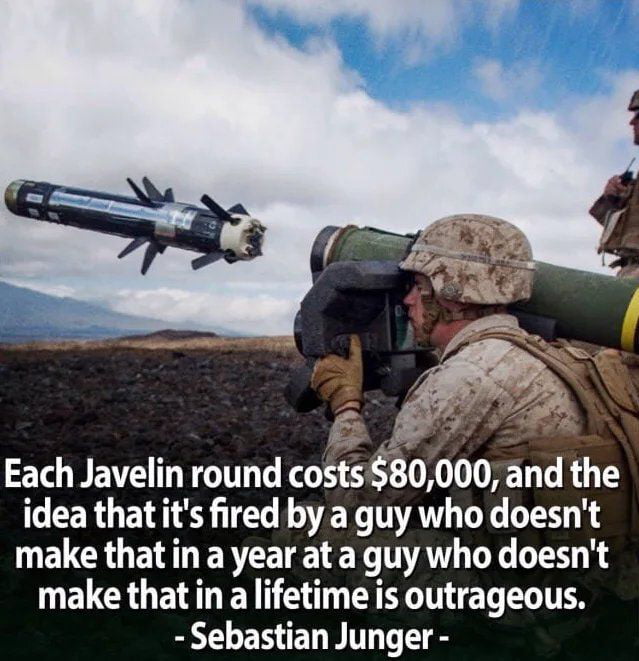 7 o o Each Javelin round costs80000 and the idea thatits fired by a guy who doesnt W ELCRGEN L ERETETET HTAT TG LT W ELCRGE D EN TG G EL LTS Sebastian Junger