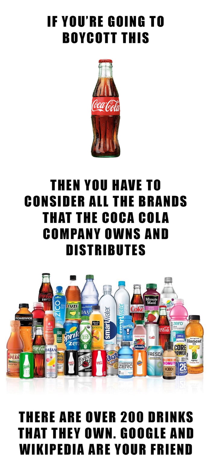 IF YOURE GOING TO BOYCOTT THIS THEN YOU HAVE TO CONSIDER ALL THE BRANDS THAT THE COCA COLA COMPANY OWNS AND DISTRIBUTES THERE ARE OVER 200 DRINKS THAT THEY OWN GOOGLE AND WIKIPEDIA ARE YOUR FRIEND